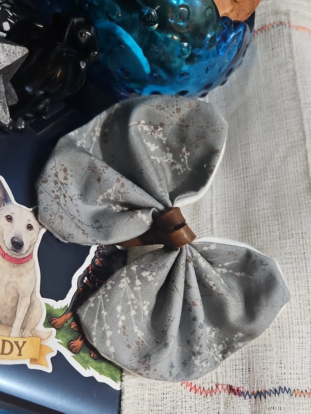 Handcrafted Gray Floral And Brown Leather Knot Bow Pet Collar Accent NEW